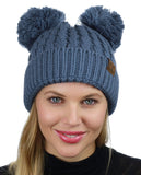 C.C 2 Ear Pom Pom Cable Knit Soft Stretch Cuff Skully Beanie Hat