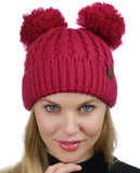 C.C 2 Ear Pom Pom Cable Knit Soft Stretch Cuff Skully Beanie Hat