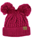 C.C 2 Ear Pom Pom Cable Knit Soft Stretch Cuff Skully Beanie Hat