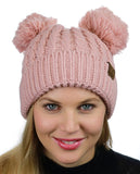 C.C 2 Ear Pom Pom Cable Knit Soft Stretch Cuff Skully Beanie Hat