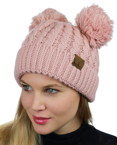 C.C 2 Ear Pom Pom Cable Knit Soft Stretch Cuff Skully Beanie Hat