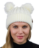 C.C 2 Ear Pom Pom Cable Knit Soft Stretch Cuff Skully Beanie Hat