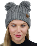 C.C 2 Ear Pom Pom Cable Knit Soft Stretch Cuff Skully Beanie Hat