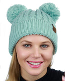 C.C 2 Ear Pom Pom Cable Knit Soft Stretch Cuff Skully Beanie Hat