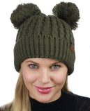 C.C 2 Ear Pom Pom Cable Knit Soft Stretch Cuff Skully Beanie Hat