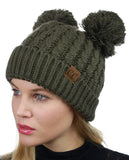 C.C 2 Ear Pom Pom Cable Knit Soft Stretch Cuff Skully Beanie Hat