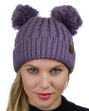 C.C 2 Ear Pom Pom Cable Knit Soft Stretch Cuff Skully Beanie Hat