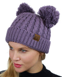 C.C 2 Ear Pom Pom Cable Knit Soft Stretch Cuff Skully Beanie Hat