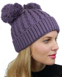 C.C 2 Ear Pom Pom Cable Knit Soft Stretch Cuff Skully Beanie Hat