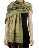 NYFASHION101 Large Soft Double Layer Jacquard Paisley Print Scarf Shawl Wrap- Olive