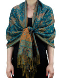 NYFASHION101 Large Soft Double Layer Jacquard Paisley Print Scarf Shawl Wrap- Cyan