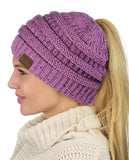 C.C BeanieTail Soft Stretch Cable Knit Messy High Bun Ponytail Beanie Hat