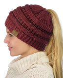 C.C BeanieTail Soft Stretch Cable Knit Messy High Bun Ponytail Beanie Hat