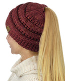C.C BeanieTail Soft Stretch Cable Knit Messy High Bun Ponytail Beanie Hat