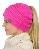 C.C BeanieTail Soft Stretch Cable Knit Messy High Bun Ponytail Beanie Hat