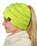 C.C BeanieTail Soft Stretch Cable Knit Messy High Bun Ponytail Beanie Hat