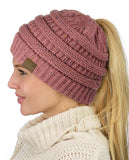 C.C BeanieTail Soft Stretch Cable Knit Messy High Bun Ponytail Beanie Hat