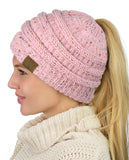 C.C BeanieTail Soft Stretch Cable Knit Messy High Bun Ponytail Beanie Hat