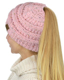 C.C BeanieTail Soft Stretch Cable Knit Messy High Bun Ponytail Beanie Hat
