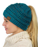 C.C BeanieTail Soft Stretch Cable Knit Messy High Bun Ponytail Beanie Hat