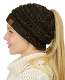 C.C BeanieTail Soft Stretch Cable Knit Messy High Bun Ponytail Beanie Hat