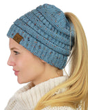 C.C BeanieTail Soft Stretch Cable Knit Messy High Bun Ponytail Beanie Hat