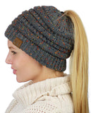 C.C BeanieTail Soft Stretch Cable Knit Messy High Bun Ponytail Beanie Hat