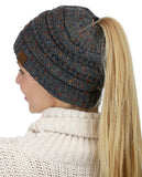 C.C BeanieTail Soft Stretch Cable Knit Messy High Bun Ponytail Beanie Hat