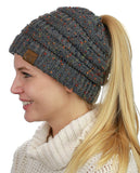 C.C BeanieTail Soft Stretch Cable Knit Messy High Bun Ponytail Beanie Hat