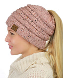 C.C BeanieTail Soft Stretch Cable Knit Messy High Bun Ponytail Beanie Hat