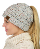 C.C BeanieTail Soft Stretch Cable Knit Messy High Bun Ponytail Beanie Hat