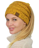 C.C BeanieTail Soft Stretch Cable Knit Messy High Bun Ponytail Beanie Hat