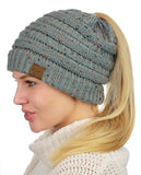 C.C BeanieTail Soft Stretch Cable Knit Messy High Bun Ponytail Beanie Hat