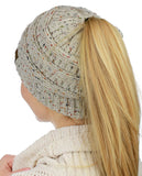 C.C BeanieTail Soft Stretch Cable Knit Messy High Bun Ponytail Beanie Hat
