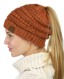C.C BeanieTail Soft Stretch Cable Knit Messy High Bun Ponytail Beanie Hat