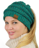 C.C BeanieTail Soft Stretch Cable Knit Messy High Bun Ponytail Beanie Hat