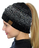 C.C BeanieTail Soft Stretch Cable Knit Messy High Bun Ponytail Beanie Hat, Confetti Ombre Black