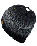 C.C BeanieTail Soft Stretch Cable Knit Messy High Bun Ponytail Beanie Hat, Confetti Ombre Black