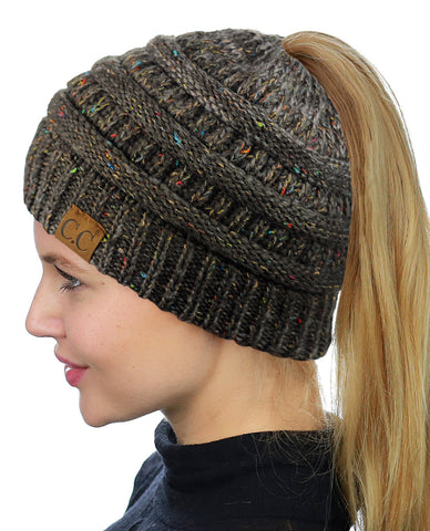C.C BeanieTail Soft Stretch Cable Knit Messy High Bun Ponytail Beanie Hat, Confetti Ombre Black