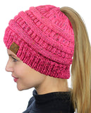 C.C BeanieTail Soft Stretch Cable Knit Messy High Bun Ponytail Beanie Hat, Confetti Ombre Black