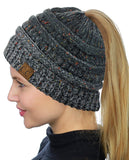 C.C BeanieTail Soft Stretch Cable Knit Messy High Bun Ponytail Beanie Hat, Confetti Ombre Black