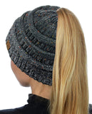 C.C BeanieTail Soft Stretch Cable Knit Messy High Bun Ponytail Beanie Hat, Confetti Ombre Black