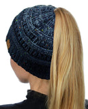 C.C BeanieTail Soft Stretch Cable Knit Messy High Bun Ponytail Beanie Hat, Confetti Ombre Black