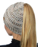 C.C BeanieTail Soft Stretch Cable Knit Messy High Bun Ponytail Beanie Hat, Confetti Ombre Black