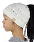 C.C BeanieTail Kids' Children's Soft Cable Knit Messy High Bun Ponytail Beanie Hat