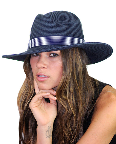 NYFASHION101 Striped Ribbon Band Teardrop Dent Panama Fedora Sun Hat