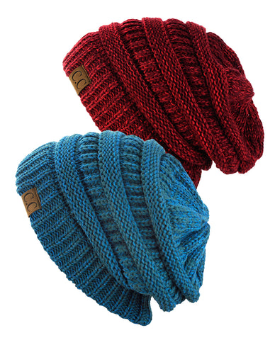 Unisex Two Tone Warm Cable Knit Thick Beanie Cap, 2 Pack