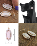 Women's Stone Stud Center Milky White Gem Elliptical Charm Hook Earrings