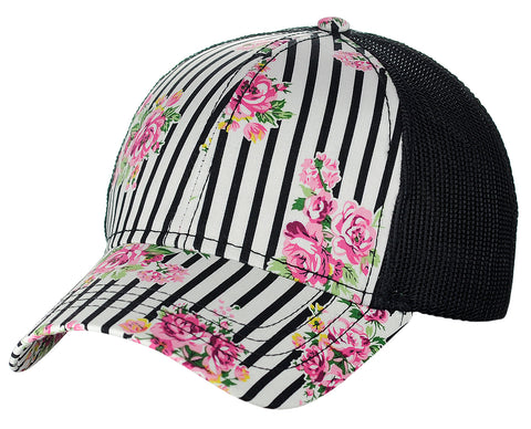 C.C Floral and Pinstripe Print Front Panel Adjustable Mesh Trucker Baseball Cap