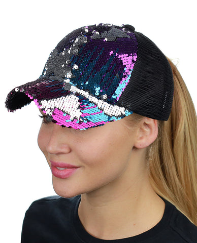 C.C Ponycap Messy Bun Ponytail Reversible Magic Sequin Adjustable Baseball Cap